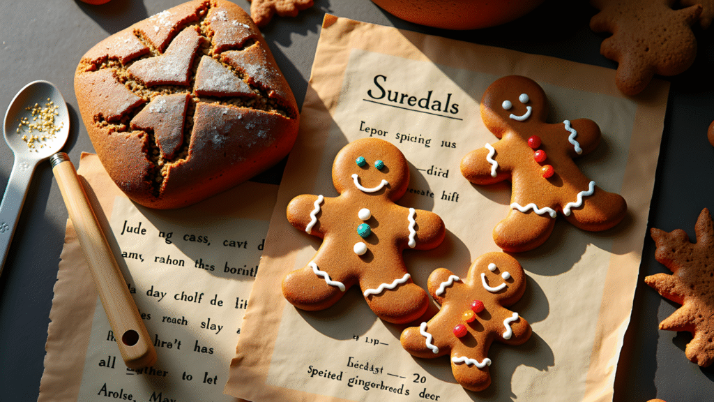 Gingerbread cookies and spiced loaf displayed on vintage recipe parchment for National Gingerbread Day